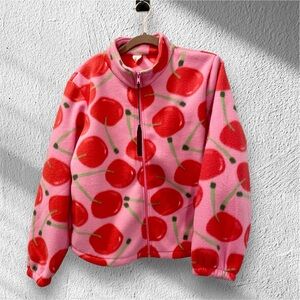 Pink Cherry Print Full-Zip Borg Fleece Jacket